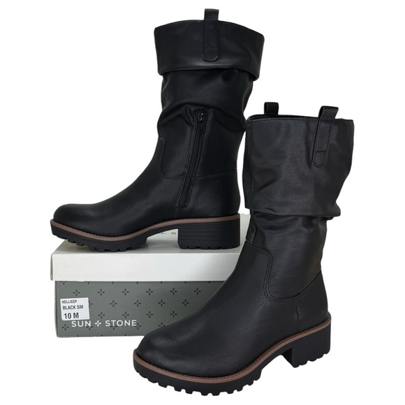 Sun + Stone Shoes - Sun + Stone Nelliee Black Faux Leather Mid-Calf Womens Boots Size 10M